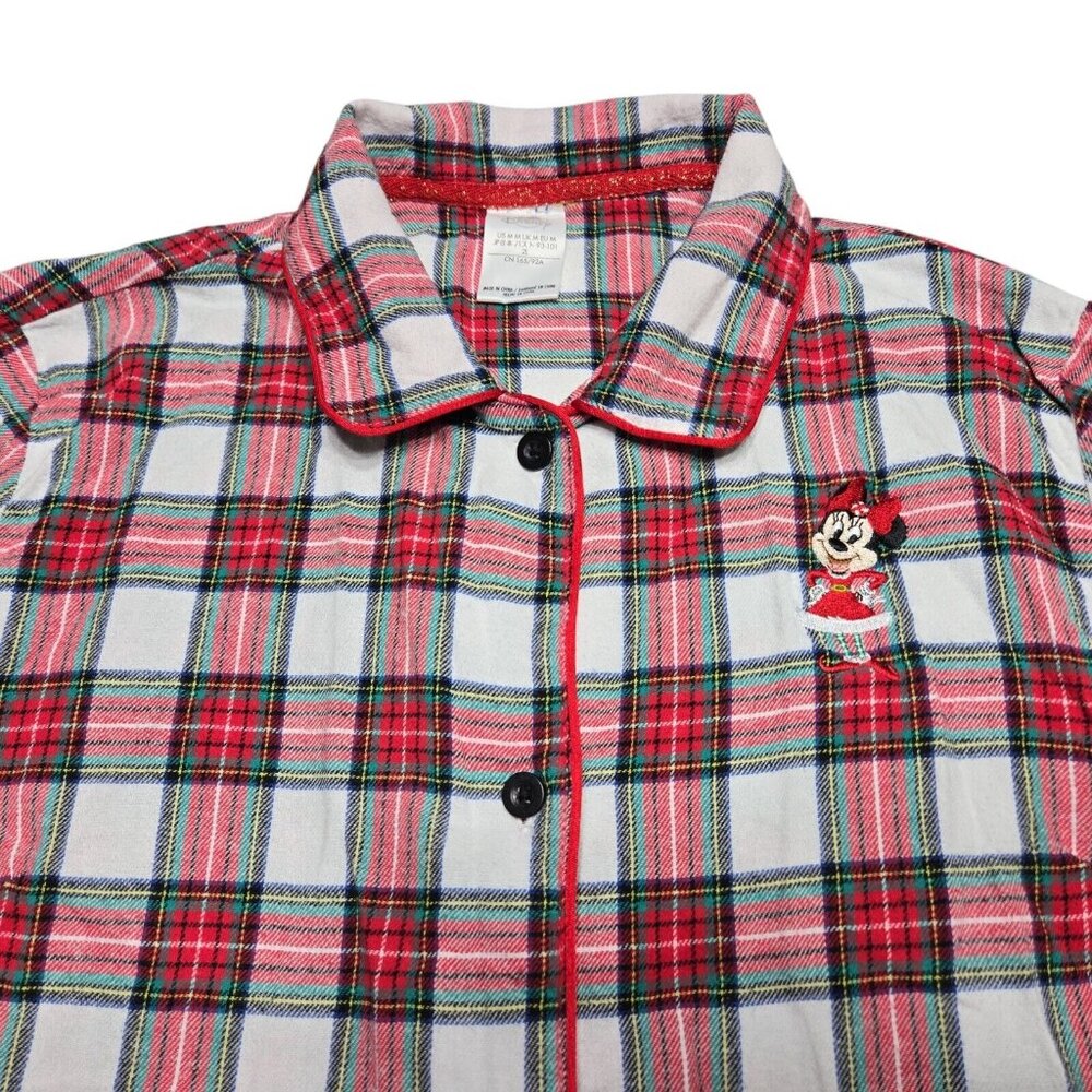 Disney Pajama Top Womens Medium Pink Button Up Minnie Mouse Plaid Long Sleeve - Picture 8 of 14
